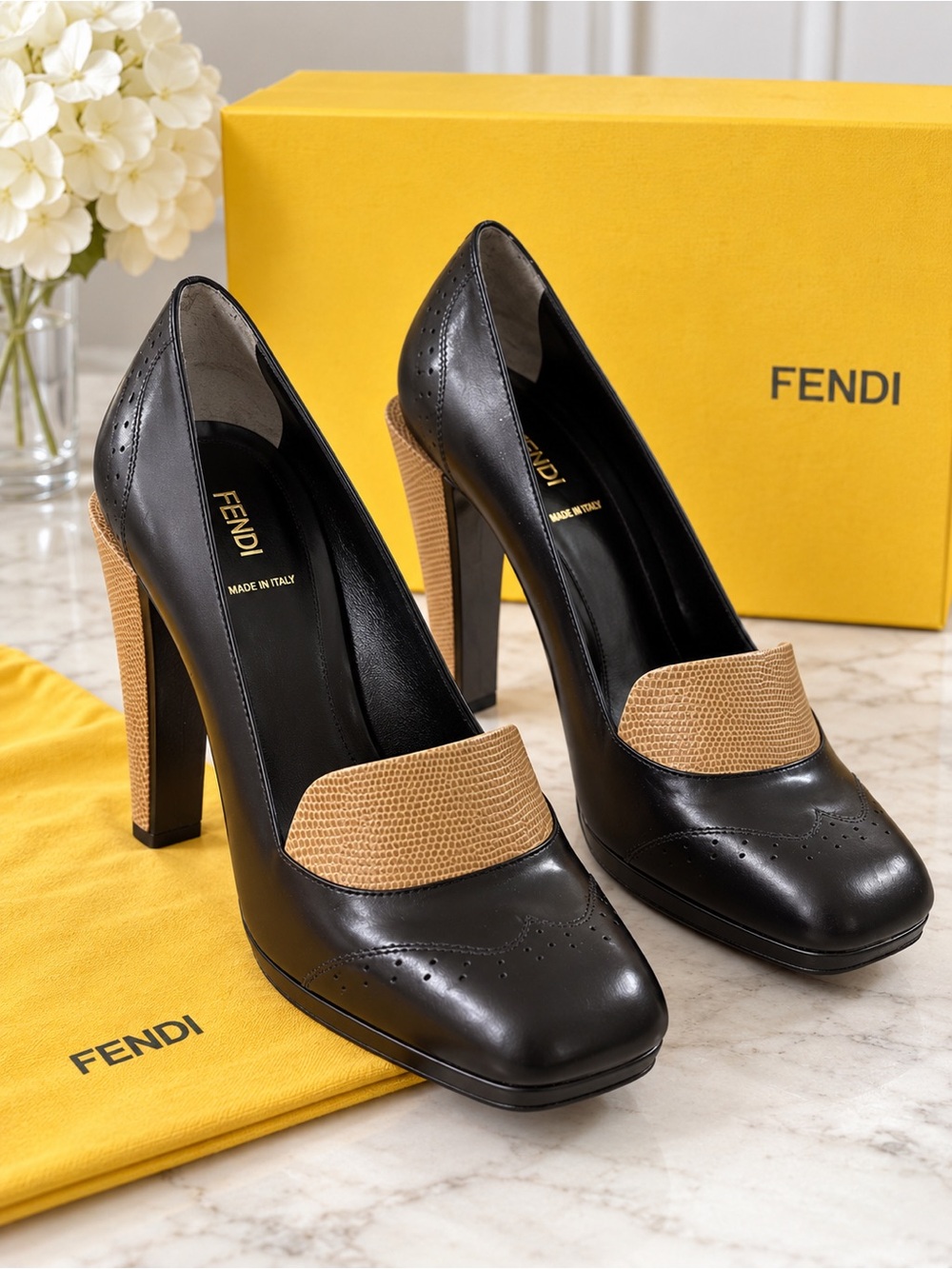 Fendi Black Leather Pumps with Tan Textured Accent